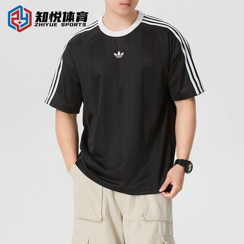 阿迪达斯男士黑色短袖运动T恤透气三条纹休闲上衣KD5830 KD5829
