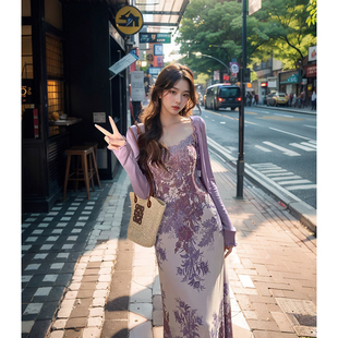气质开衫 蕾丝拼接半夏印花时尚 法式 套装 长裙吊带连衣裙两件套 中式