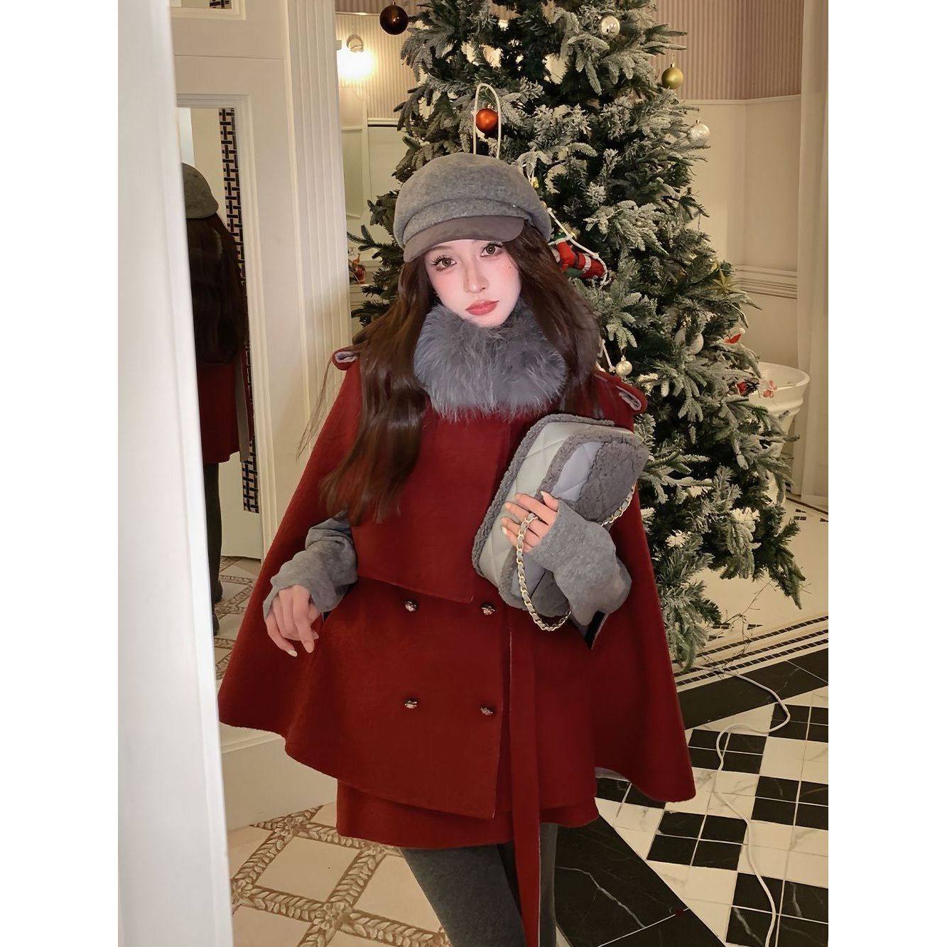 韩系千金感套装女冬季新年圣诞战袍斗篷大衣外套气质半身裙两件套,女装/女士精品,时尚套装,淘宝优惠券,粉丝福利购,淘宝优惠卷