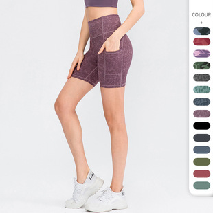 女士弹力紧身运动三分裤大码裸感瑜伽短裤手机口袋迷彩速干健身裤