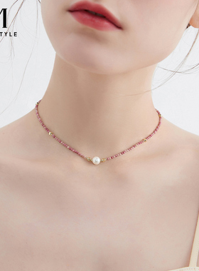 夏天高级感彩色串珠珍珠项链女