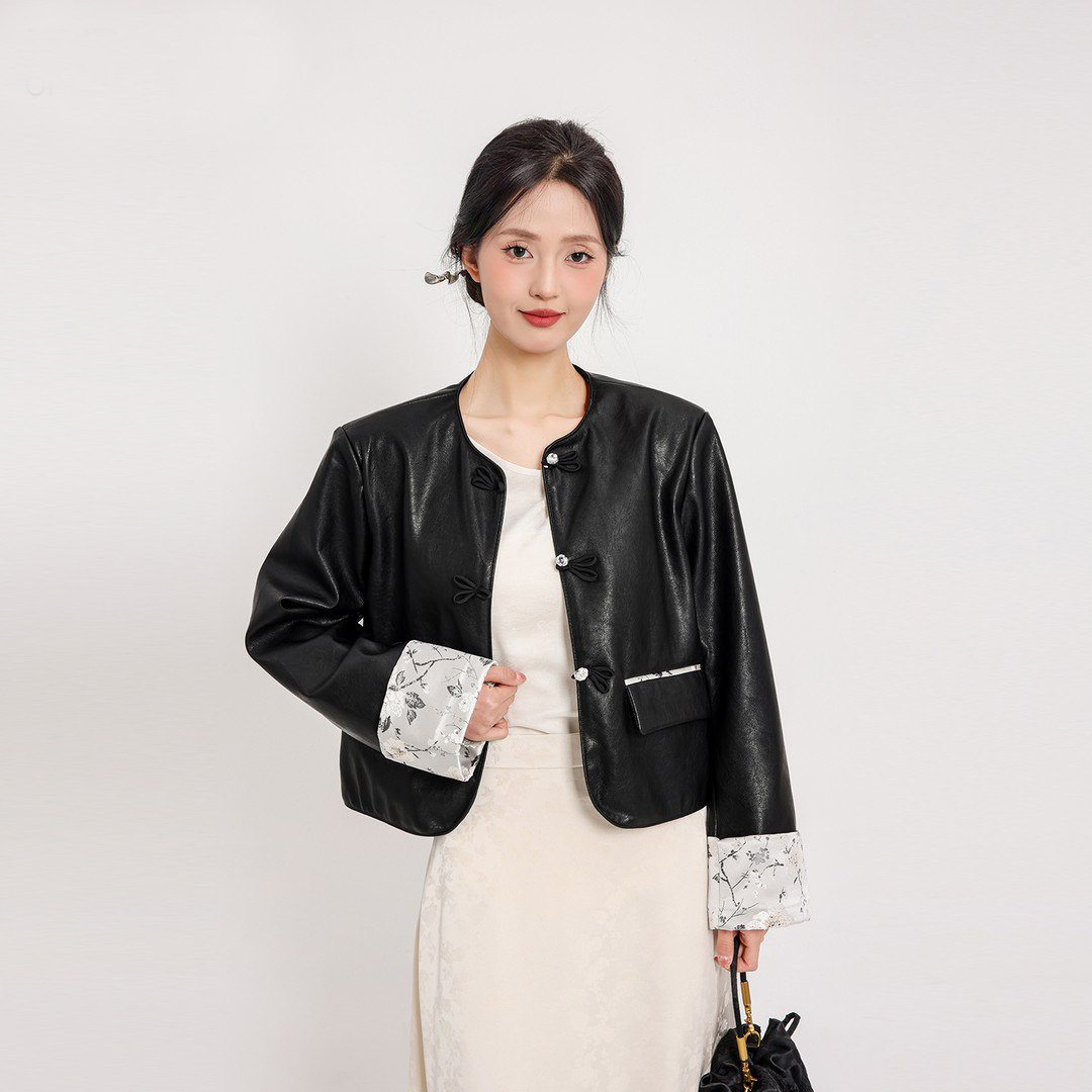 秋冬季新中式轻国风PU皮棉衣外套女装高级感复古百搭加厚棉服上衣