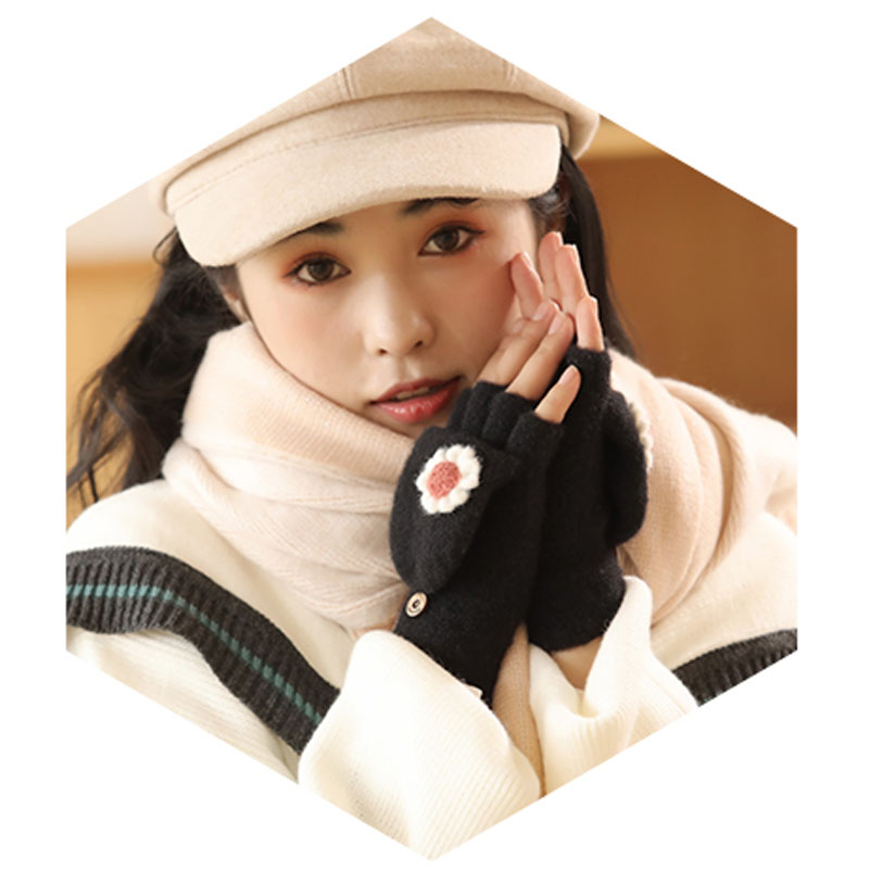 S4翻盖手套女生冬季保暖针织毛线半指露指韩版可爱学生写字冬天