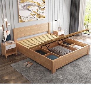 实木高箱储物床1.8米双人气压1.5米箱式 1.2米液压2019新款 实木床