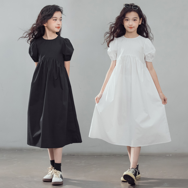 女童纯棉高腰连衣裙夏季女孩洋气白色短袖公主裙中大童泡泡袖长裙