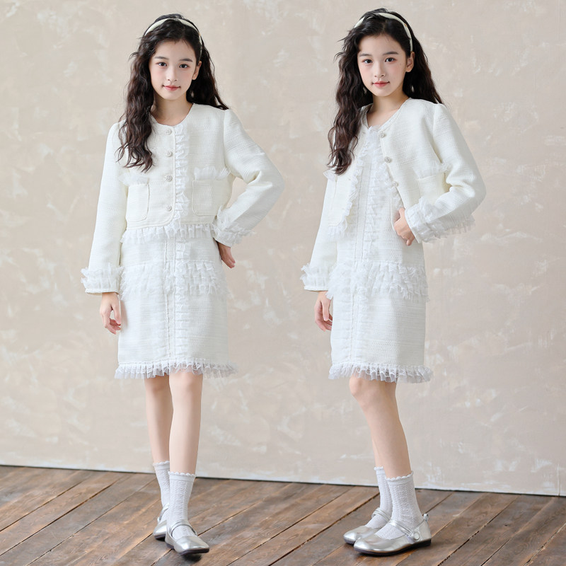 高级感女童小香风连衣裙套装秋冬女孩气质外套背心裙两件套中大童