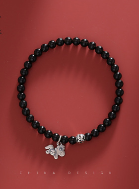 马上有钱天然黑曜石S925银手链女款纯银新中式古风小马生肖手串