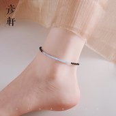 天然黑曜石海蓝宝水晶脚链女纯银补水古风网红简约新款 脚踝链学生