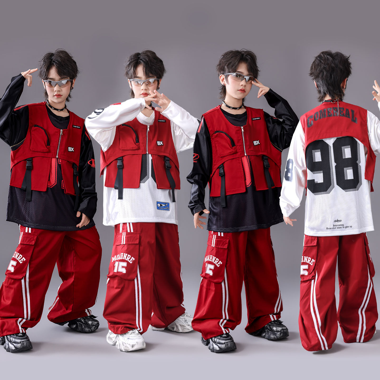 街舞儿童潮服春晚演出服红马甲套装少儿服装hiphop童装男童架子鼓