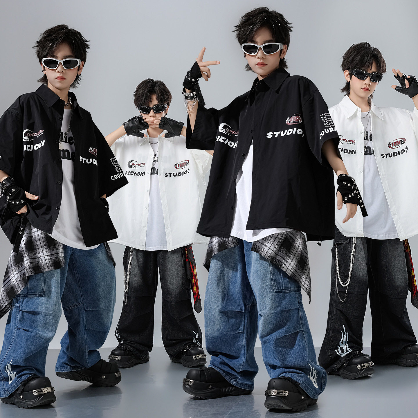 儿童街舞潮服hiphop中大童男孩嘻哈潮酷衬衫架子鼓套装爵士演出服