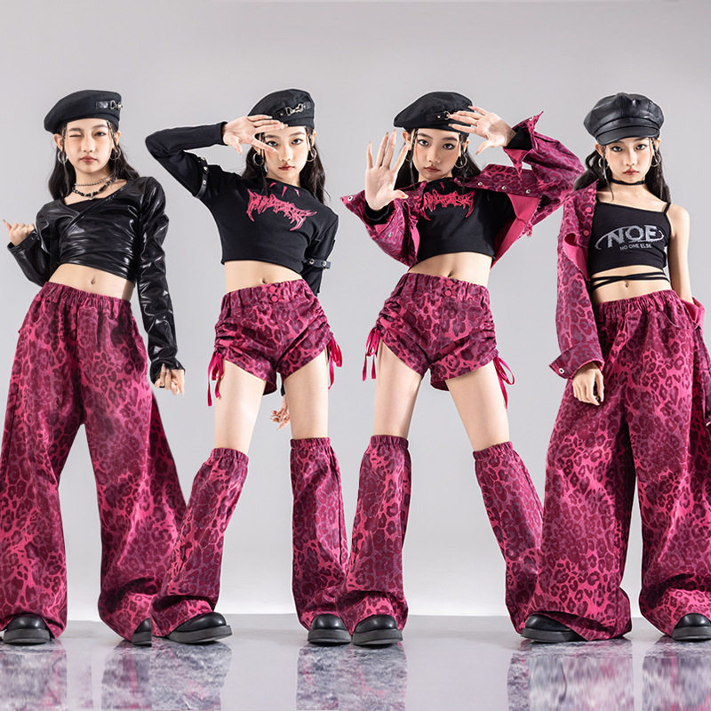 新款爵士舞服装女童嘻哈街舞元旦儿童演出服豹纹hiphop潮服表演服