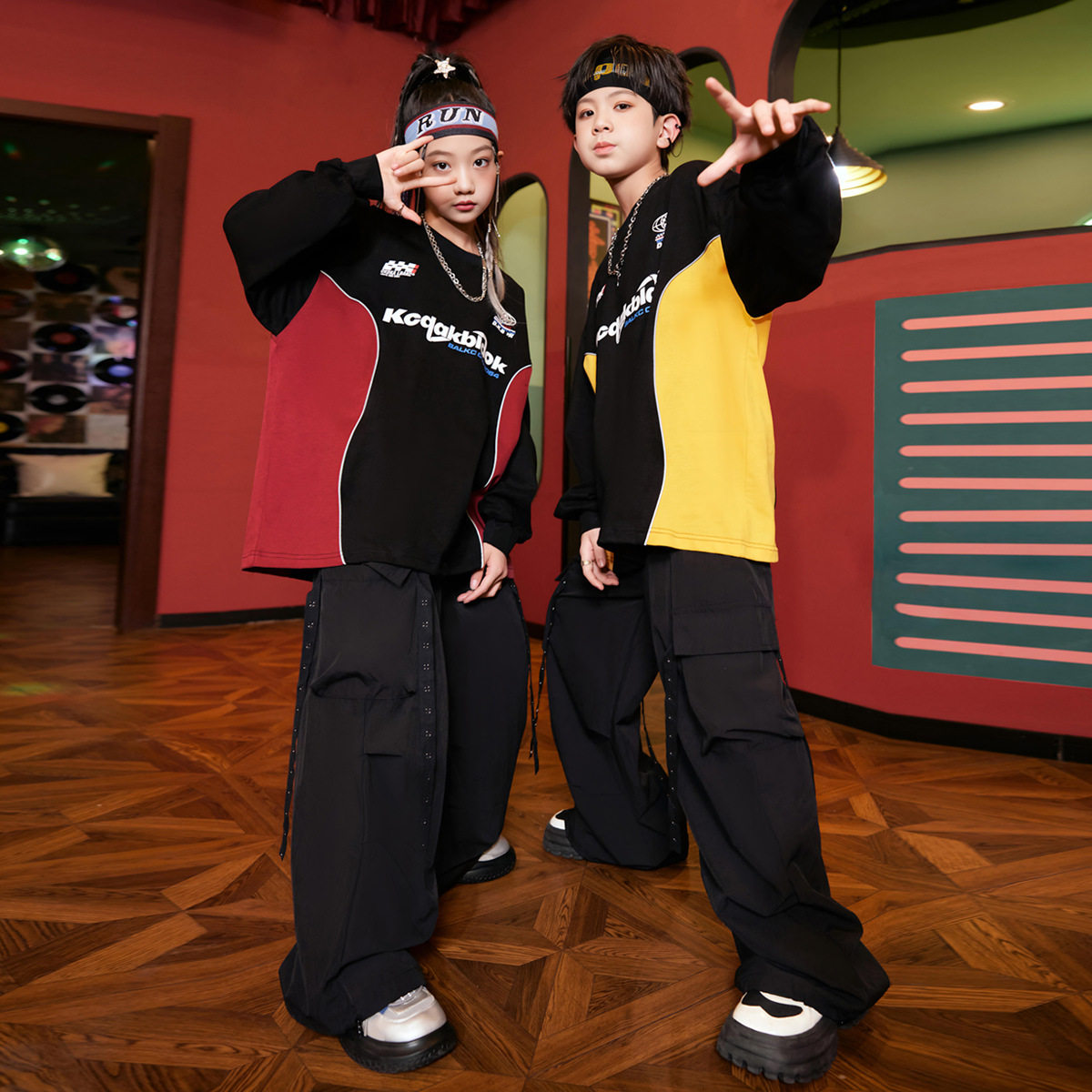 街舞儿童潮服男童新款长袖拼色hiphop演出服女童嘻哈风