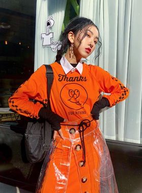 lazy oaf18春秋新款THANKS搞怪脸印花橙色长袖长款连衣裙
