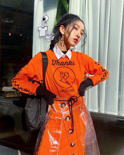 lazy oaf18春秋新款THANKS搞怪脸印花橙色长袖长款连衣裙