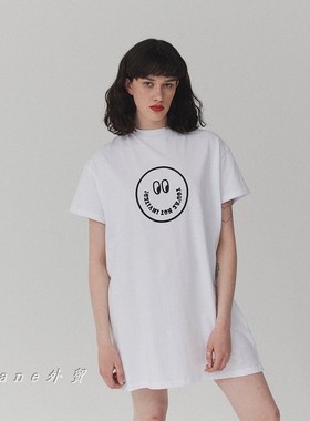 lazy oaf英国女装时尚百搭笑脸印花大码超宽松短袖白色棉T连衣裙
