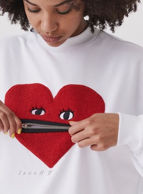 lazy oaf秋加厚爱心植绒拉链棉宽松百搭卫衣小高领长袖白色连衣裙