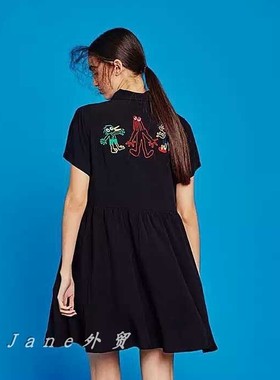 LAZY OAF英国潮牌夏季新款黑背个性刺绣短袖黑色连衣裙