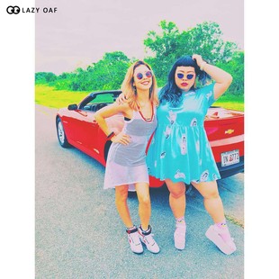 lazy渡边直美同款连衣裙短袖夏胖MM200斤蓝色个性印花欧美风洋气