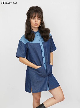 lazyoaf新款牛仔连衣裙夏季衬衫裙子短袖牛仔宽松大码中长款排扣