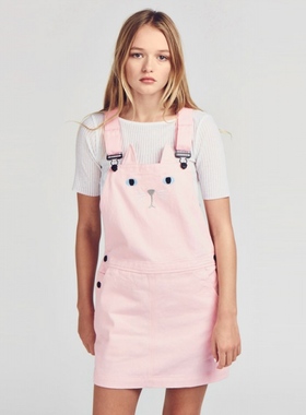lazy oaf百搭刺绣可爱猫咪棉宽松粉红色无袖连衣裙背带裙顺丰包邮