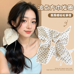 法式波点方巾式发圈头绳2025新款高端白色蝴蝶结方形大肠发圈超大