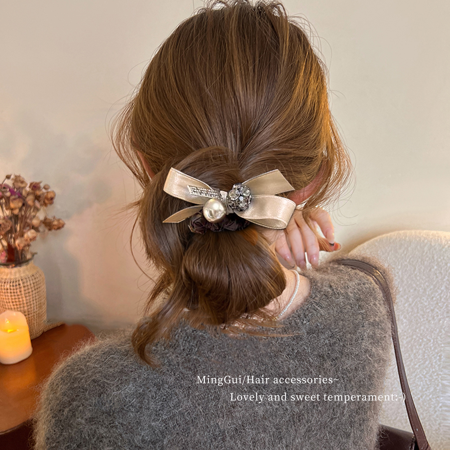 轻奢蝴蝶结水钻丸子头发圈