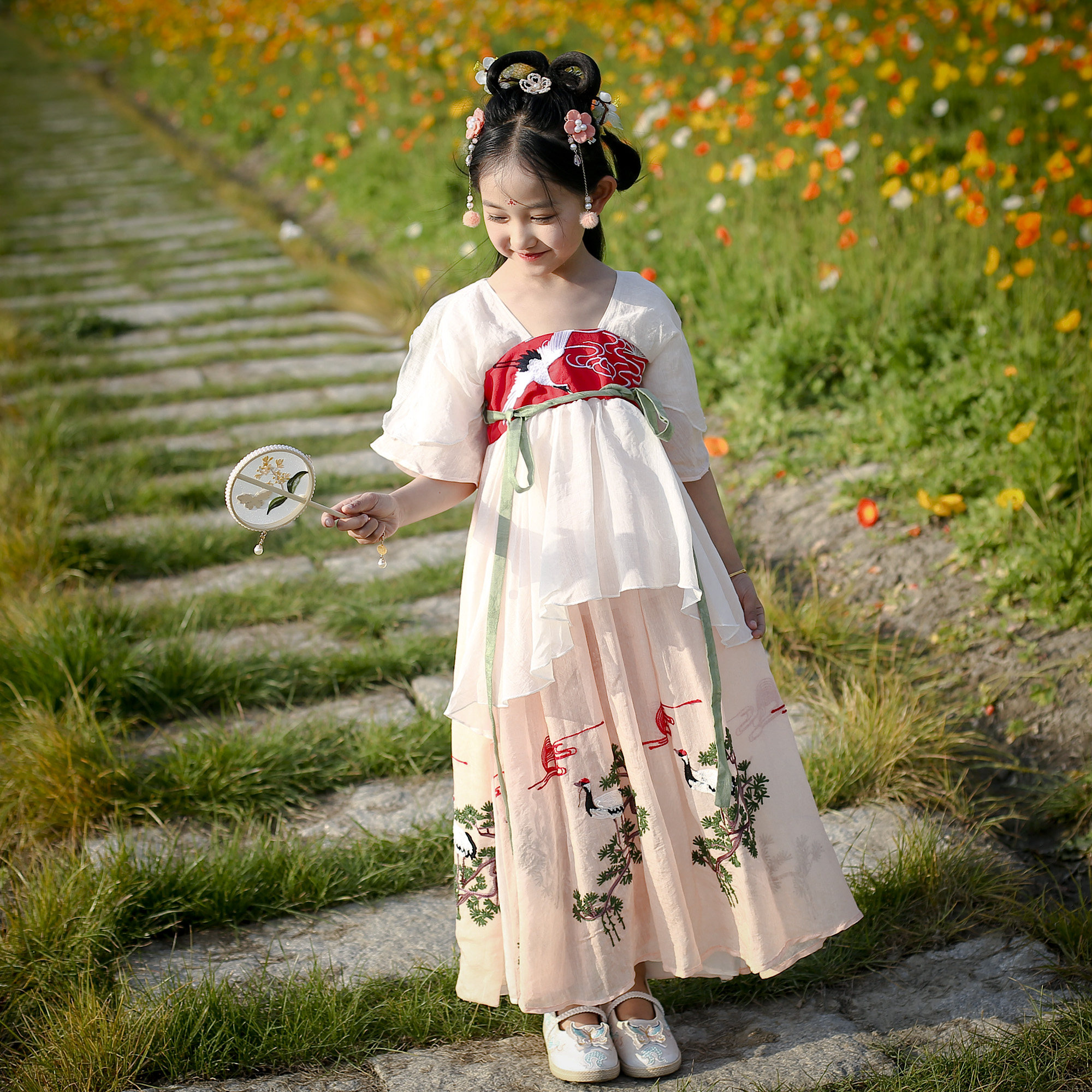 女童夏装中国风亲子装唐装襦裙古装夏季连衣裙子仙鹤绣花长裙汉服