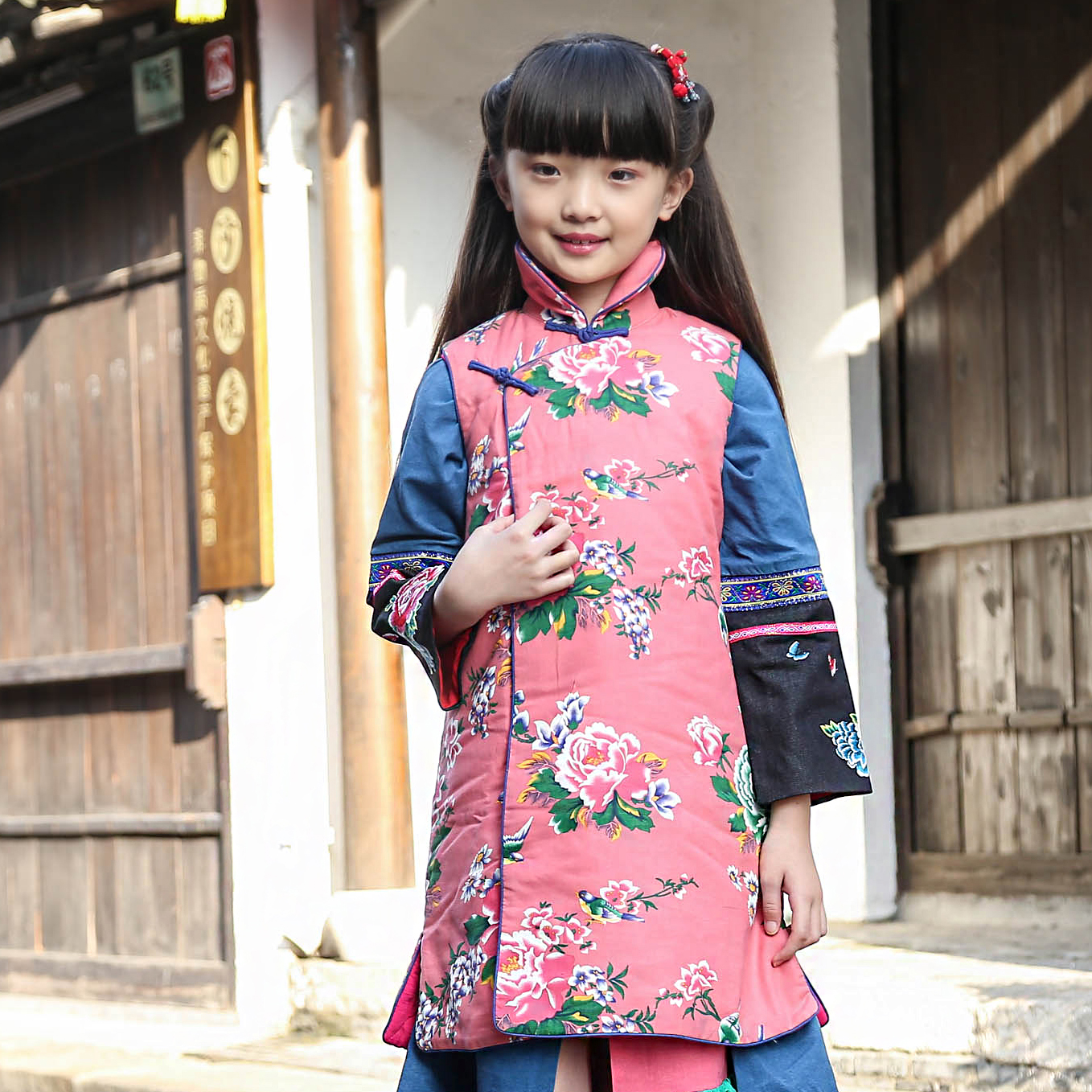 保暖女孩高领长款棉马甲中式童装