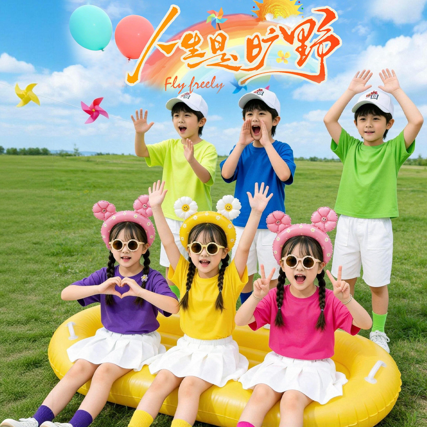 儿童糖果彩色短袖t恤小学生毕业班服多巴胺色幼儿园运动会服套装