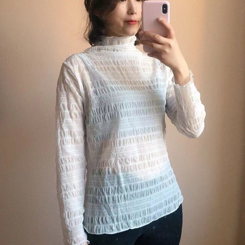 2021新春蕾丝打底衫女修身套头纯色叠穿网纱上衣仙女洋气内搭小衫