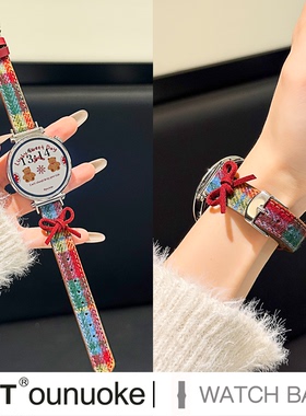 xit适用于gt6秋冬新款皮革gt5手表带watch3智能18女款gt3pro蝴蝶结fit4格纹圣诞毛呢gt2小众细款腕带高级感