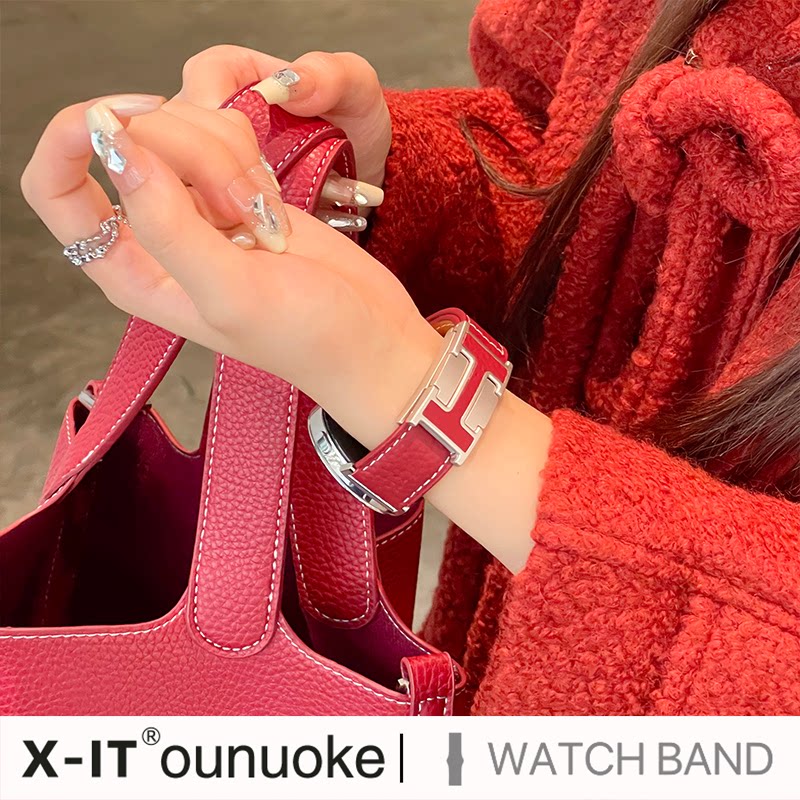 xit适用于华为手表表带watchgt5红色gt4pro荔枝纹H型扣gt7双磁吸watch4高级感新年女秋冬gt6新款荔枝真皮本命