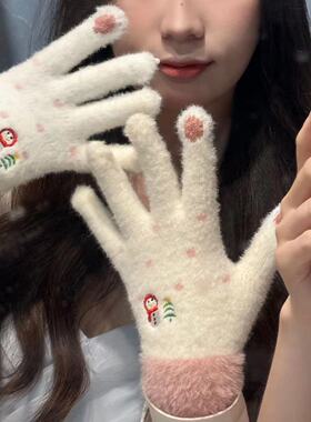 秋冬手套雪人可爱保暖时尚五指手套触屏加绒加厚针织手套批发防寒