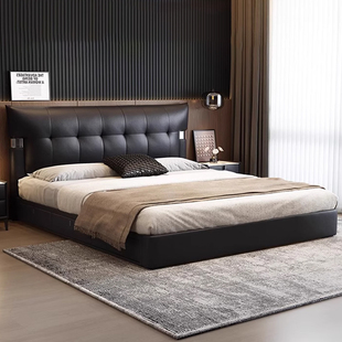 意式 极简大黑牛皮床主卧中小户型三抽储物气动床1.5m1.8m轻奢大床