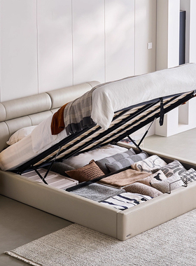 现代简约真皮床主卧气动储物床1.5m1.8m双人床浅灰色婚床实木框架