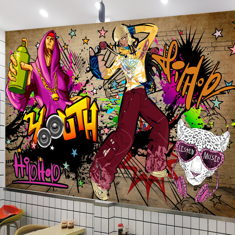 自粘墙纸音乐厅酒吧背景墙装饰画卡通动漫嘻哈涂鸦工装壁画墙贴