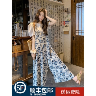 韓系慵懶風(fēng)寬松休閑闊腿連體褲 海邊度假碎花背帶褲 女2025夏季 新款