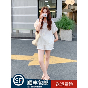 韩系甜美减龄短裤 米白色镂空泡泡袖 新款 上衣套装 两件套 女2025夏季