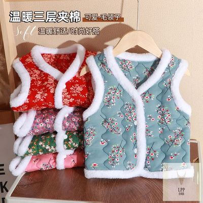 清仓儿童保暖马甲女宝碎花民族风东北大花袄儿童女三层夹棉背心