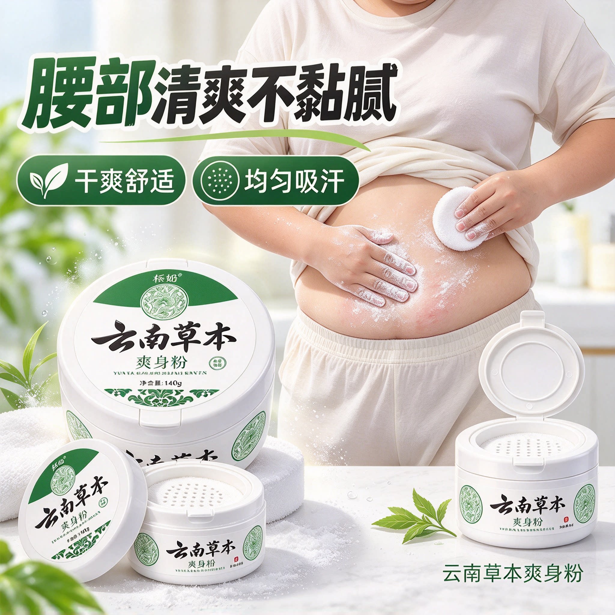 胖人腰部衣物包裹处易闷湿不适细腻粉体吸收汗液告别黏腻感
