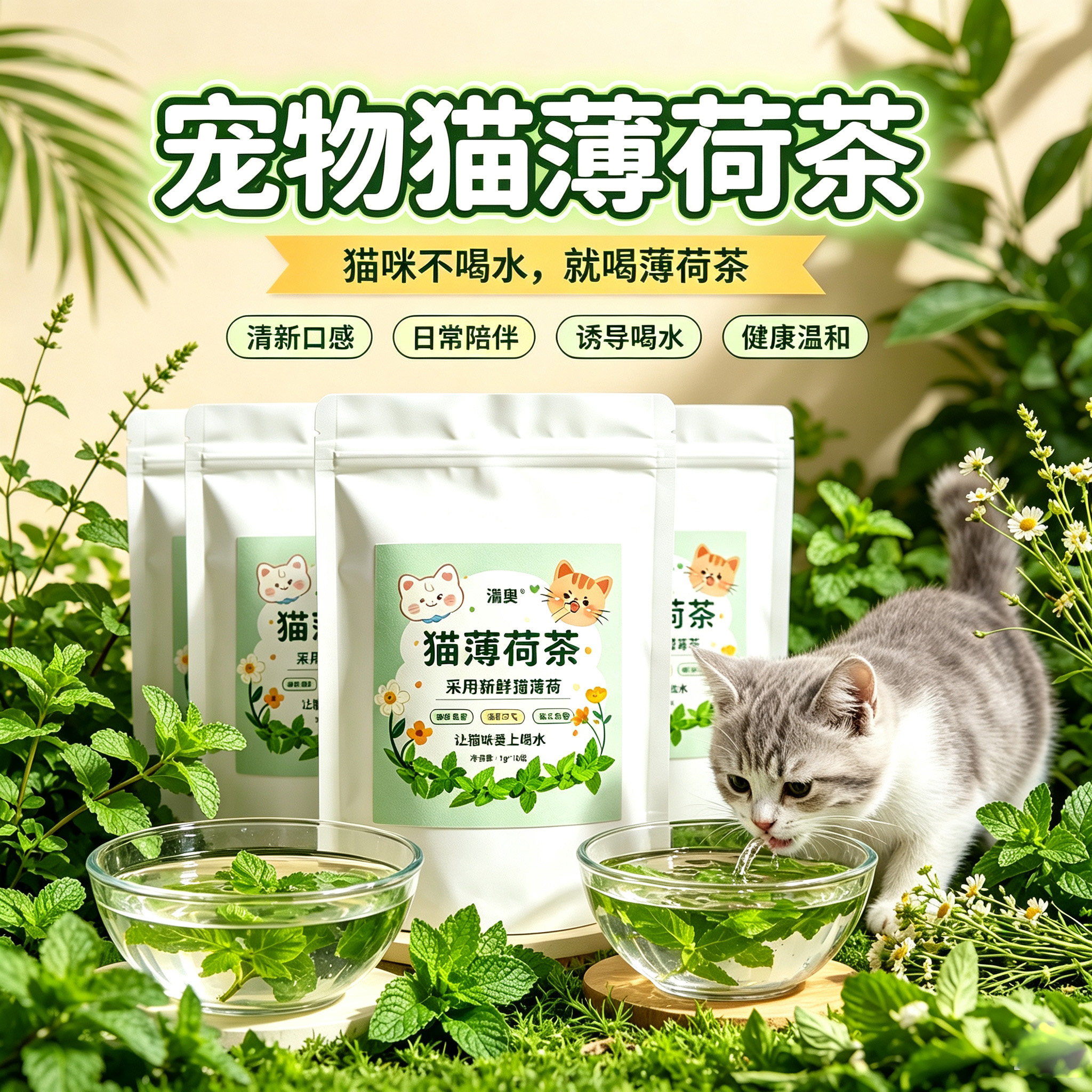 薄荷茶包泡水喝水诱导猫咪骗水神器不爱上零食可食用猫薄荷粉末