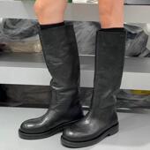 诗歌兰靴子女2025年冬季 新款 真皮不过膝长靴复古平跟高筒骑士靴潮