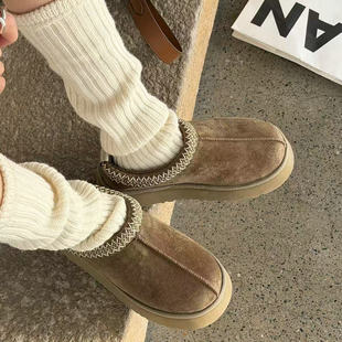 诗歌兰女鞋2025年冬季新款真皮厚底雪地靴女百搭休闲保暖半包棉鞋