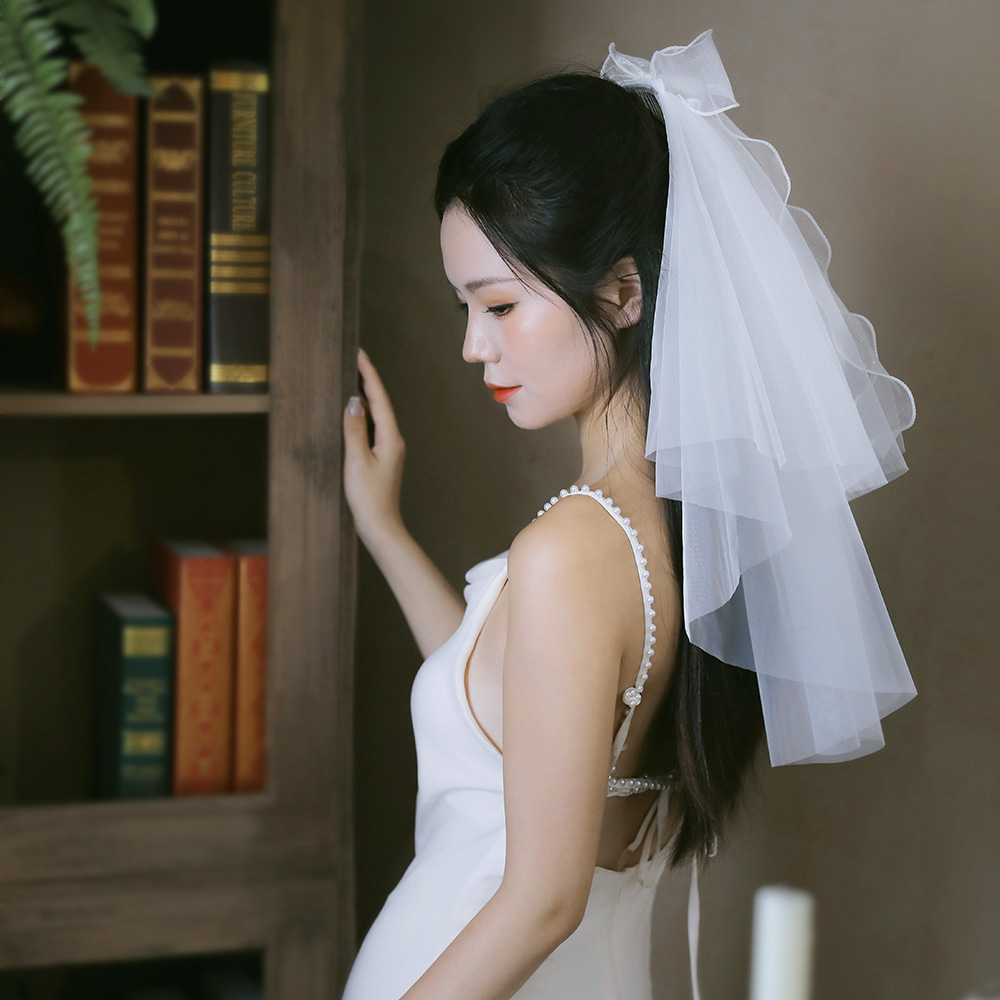 新娘短款领证求婚蝴蝶结白色头纱