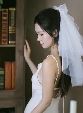 新娘短款领证求婚蝴蝶结白色头纱
