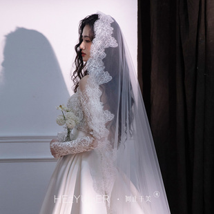 《蜜朵》新娘结婚礼拍照写真复古蕾丝长头纱高级感蕾丝花边头纱