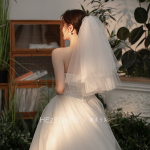 新娘主婚纱短款领证结婚蓬蓬头纱