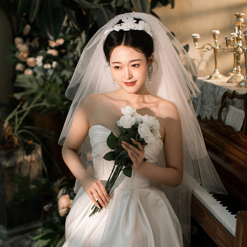 新娘主婚纱硬纱4层蓬蓬多层头纱