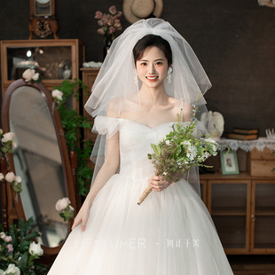 《晴萝》新款结婚礼简约旅拍照写真造型头纱新娘蓬蓬多层硬纱头饰