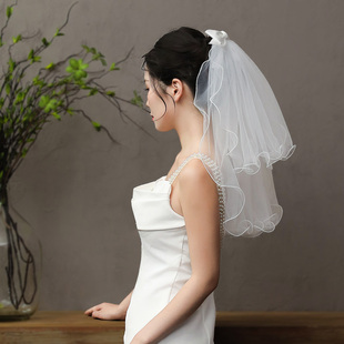 茗月 新娘短款领证求婚高级感蝴蝶结主婚纱白色森系结婚拍照头纱